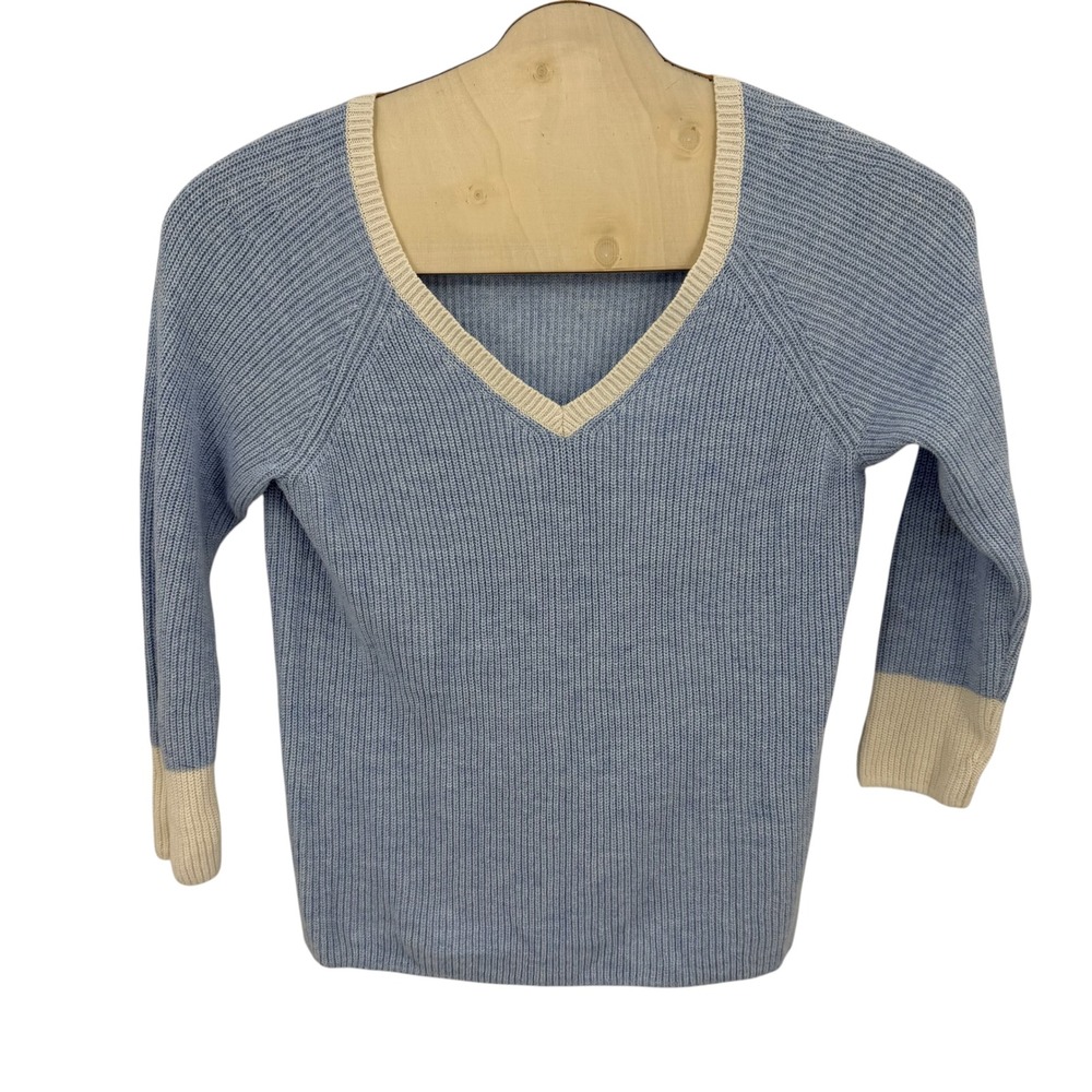 Talbots Sweater Women 1X Blue Cotton V-Neck Ribbed Shaker Knit Coastal